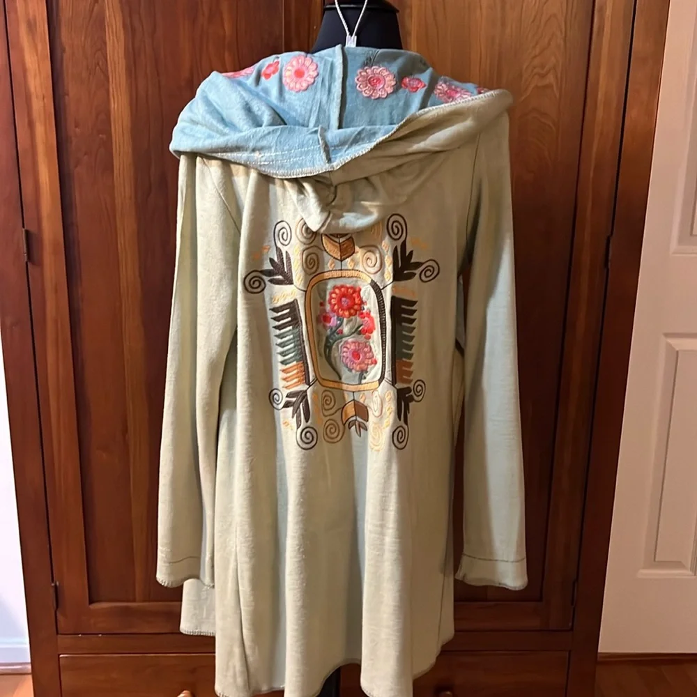 paparazzi Sage Green Hooded Embroidered Cardigan with Pink Floral Accents - Picture 1 of 11